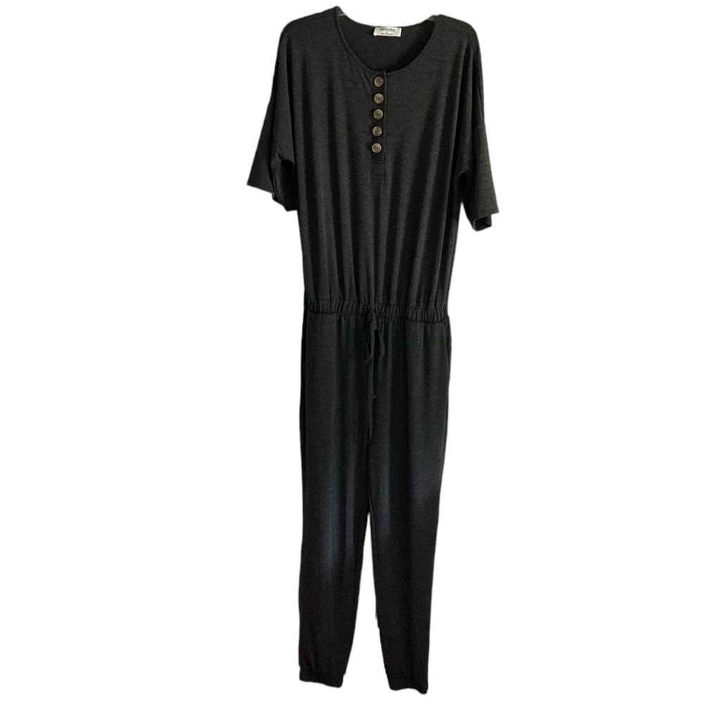 Zenana Dark Gray Short Sleeve Scoop Neck Tall Jumpsuit